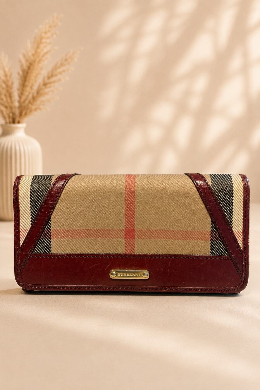 Burberry Vintage Haymarket Check & Burgundy Calfskin Penrose Wallet